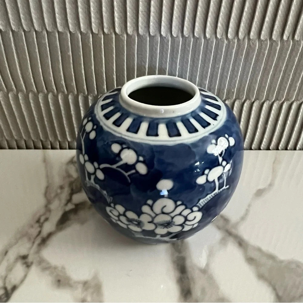 Vintage Chinoiserie Cherry Blossom Blue White Ginger Jar Floral Vase Home Decor